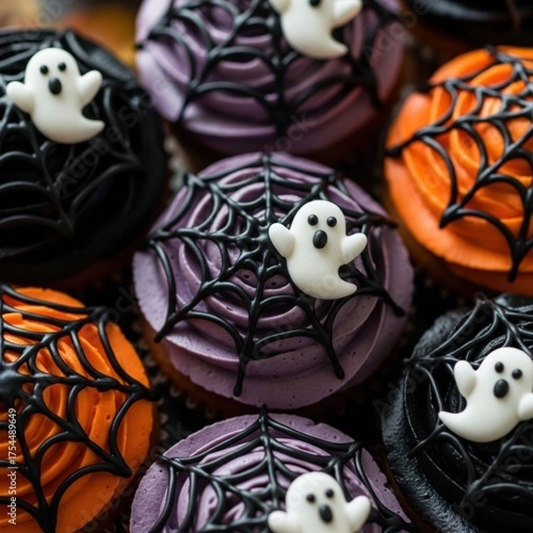 Obraz Close Up Halloween Cupcakes with Ghost and Spiderweb Icing Decorations