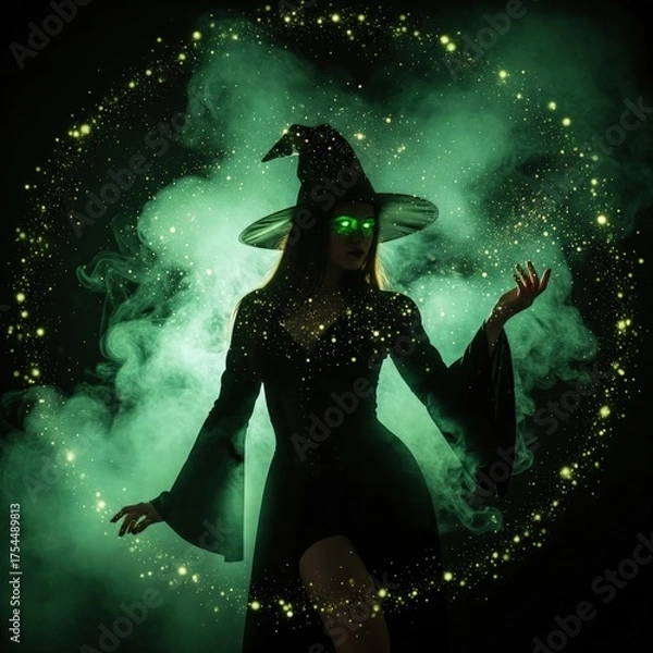 Obraz Witch Casting Spell in Swirling Green Smoke with Glowing Eyes and Magical Aura