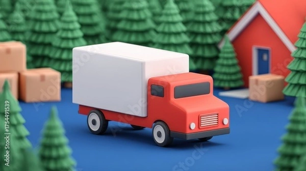 Fototapeta Package arriving home concept, Colorful toy truck parked near a house and boxes in a forest setting.