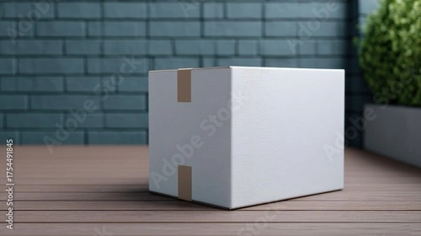 Fototapeta Package arriving home concept, A simple white box sits on a wooden surface against a textured wall.