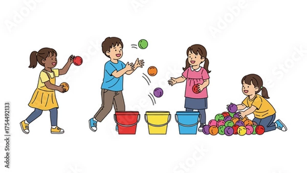 Obraz Playful Day at the Playground: Young children engaged in a vibrant outdoor playground scene, tossing colorful balls into buckets and showcasing the joy of group play.