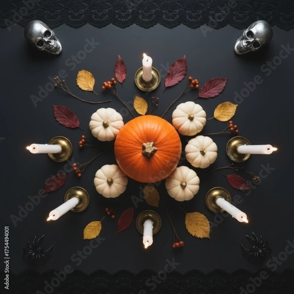 Obraz Flat Lay of Pumpkins, Candles, and Skulls on Black Background for Halloween Decoration