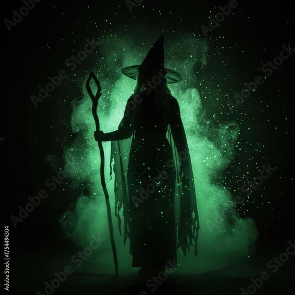 Obraz Mystical Witch Silhouette with Green Magic Smoke and Staff