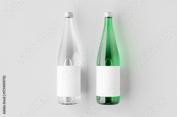 Fototapeta Water bottle mockup, green and clear glass, blank label