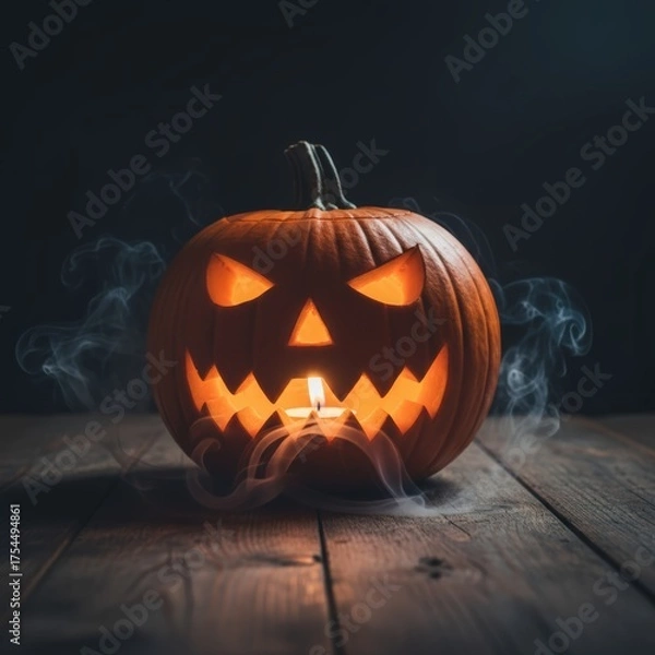 Obraz Glowing Jack-o'-Lantern with Smoke Rising from Mouth on Dark Wooden Surface