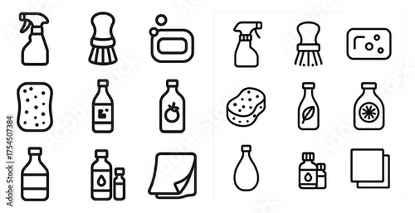 Obraz Cleaning and hygiene icons set – outline, linear, sanitation and household essentials