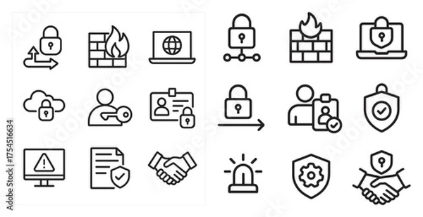 Fototapeta Cybersecurity outline icons set – firewall, protection, secure technology symbols