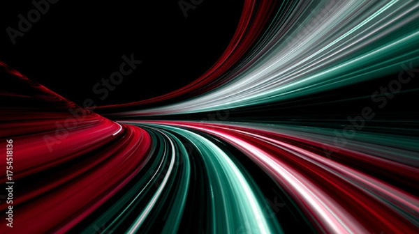 Fototapeta Abstract futuristic light speed tunnel with converging red and teal glowing streaks