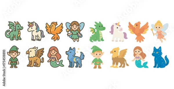 Fototapeta Fantasy characters icon set – flat, magical creatures and mythology symbols