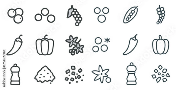 Obraz Herbs and spices outline icons set – linear, cooking, culinary ingredients graphics
