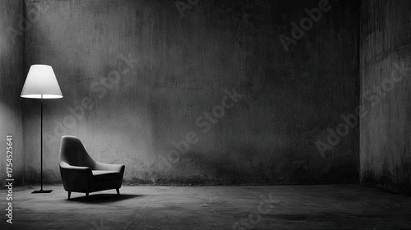 Fototapeta Minimalist room scene featuring chair and floor lamp with overhead lighting