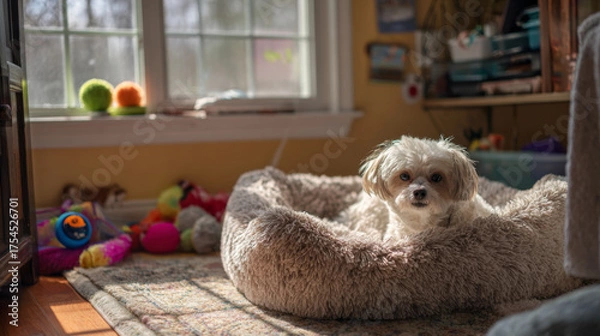 Fototapeta A small, fluffy dog resting in its bed surrounded by toys in a sunlit room, creating a warm and cozy atmosphere. 
