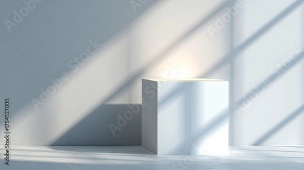 Fototapeta Minimalist white cube display with dramatic window light and shadow background