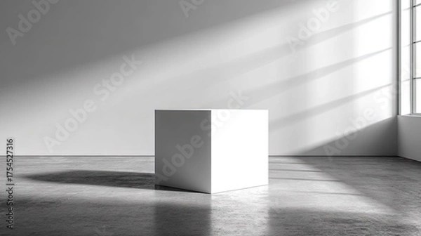 Fototapeta Minimalist white cube displayed in empty room with sunlight and shadow