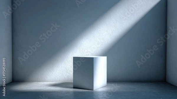 Fototapeta Minimalist white cube displayed in soft light against blank walls