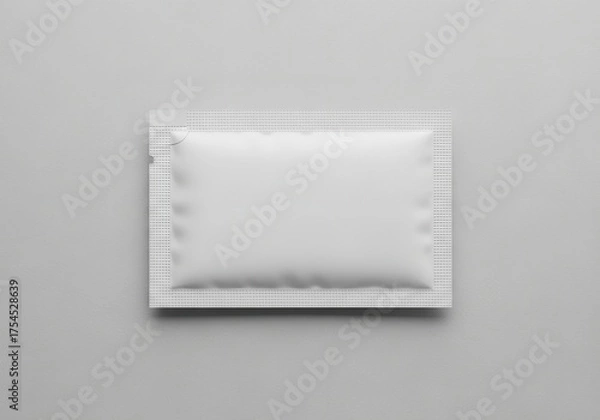 Obraz A single blank white sachet with a textured border, presented flat on a light gray surface