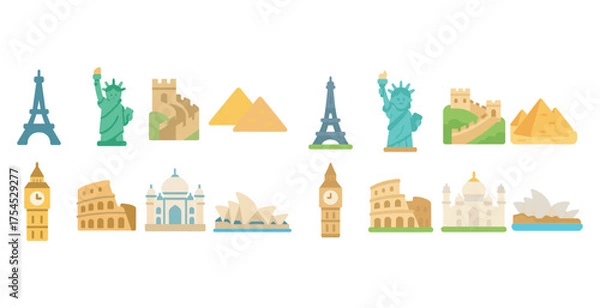 Fototapeta Landmark outline icons set – linear, line, famous structures and monuments designs