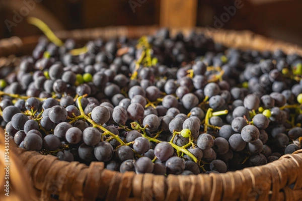 Obraz  Wicker basket filled with freshly harvested dark purple wine grapes. Represents the autumn vineyard harvest, viticulture, winemaking, and fresh organic fruit.