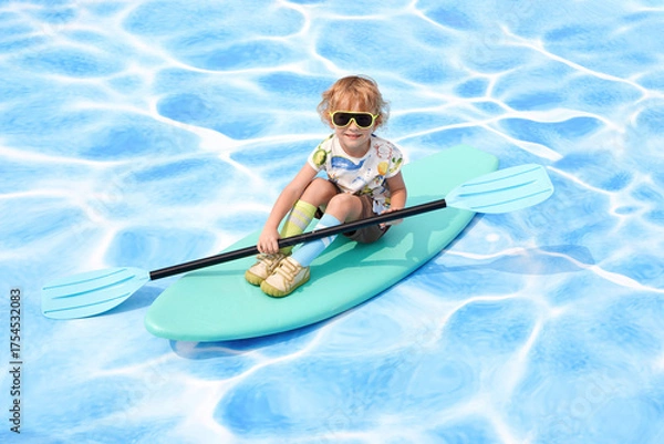 Fototapeta Child kayaking on a colorful float in a sunny pool setting.