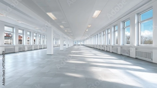 Fototapeta Modern empty office space interior with bright windows and concrete floor