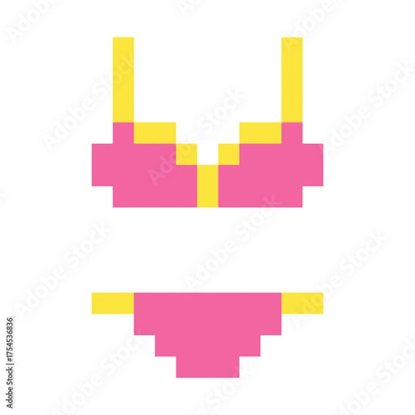 Fototapeta A pixel art representation of a pink and yellow bikini, resembling a retro video game graphic, isolated on transparent background