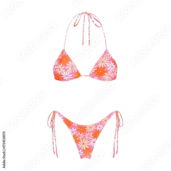 Obraz A vibrant orange and pink floral print bikini with a halter neck top and tieside bottoms, isolated on transparent background
