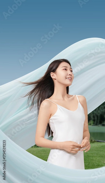 Fototapeta Woman in white dress with flowing fabric in outdoor setting conveying warmth and joy.