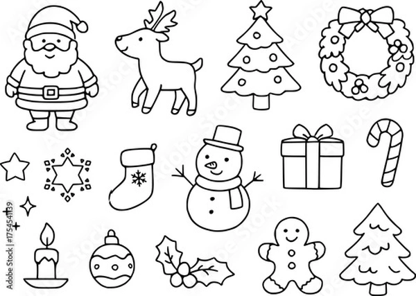 Obraz クリスマスの手描き風線画イラスト集。ペン画風ベクター素材セット。