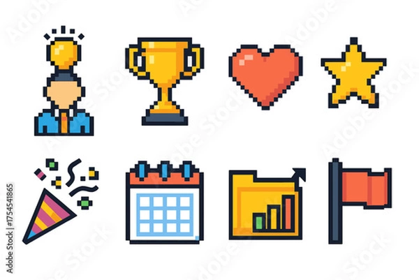 Fototapeta Pixel art icon set. Retro, achievement, celebration icons in pixel style