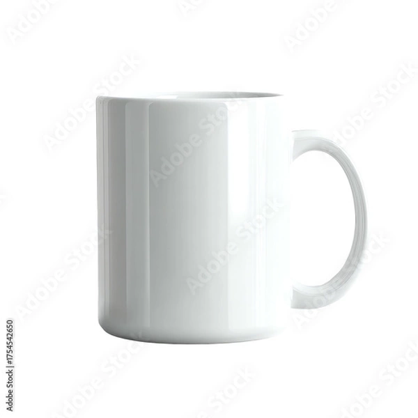 Fototapeta A plain white ceramic mug with a handle against a black background, centered and lit