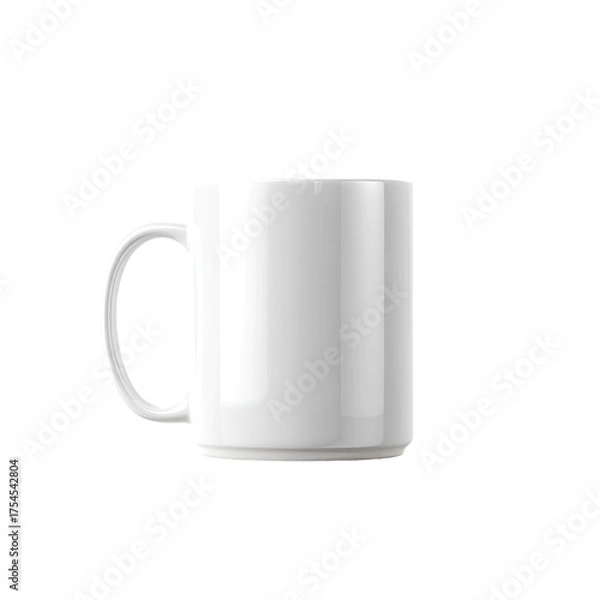 Fototapeta A pristine, white cylindrical ceramic coffee cup with a handle, set against a stark black background