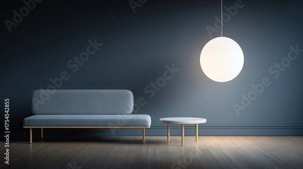 Fototapeta Modern interior design with sofa table and glowing sphere light