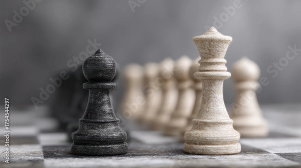 Fototapeta Dramatic chess game strategy on chessboard. black pawn faces white queen in tense conflict and power confrontation for leadership