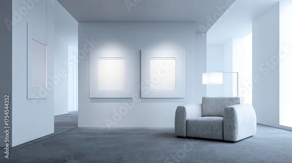Fototapeta Modern interior with empty frames and armchair minimalist design copy space