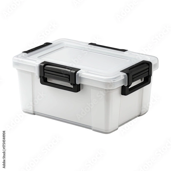 Fototapeta A small, rectangular, translucent plastic storage container with a black latching mechanism on a black background