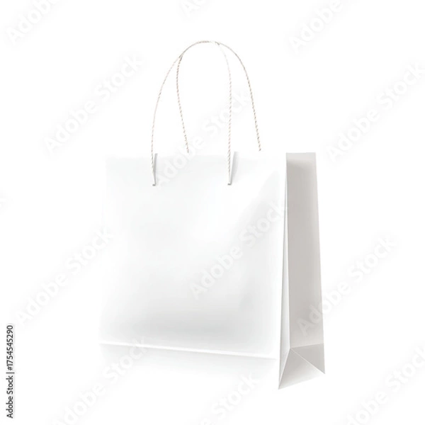 Fototapeta Isolated, plain white paper shopping bag with rope handles, shadow effect