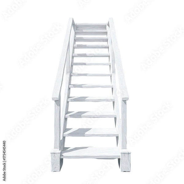 Fototapeta Isolated image of a white, wooden staircase, viewed from the front against a black background