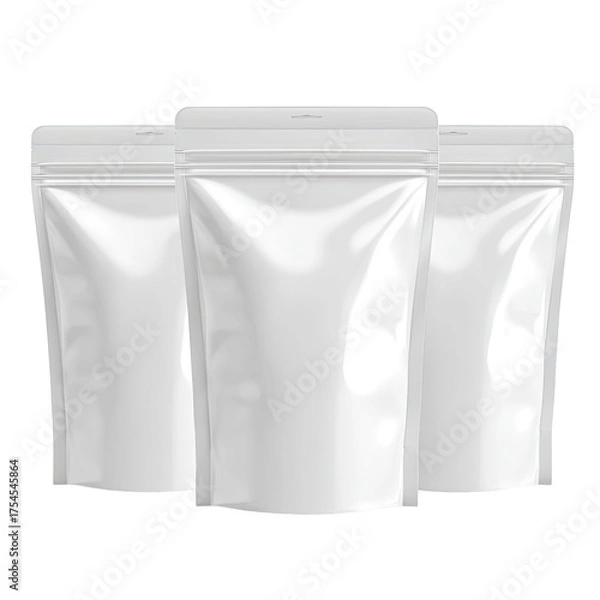 Fototapeta Three clean, white, shiny, and slightly bulging stand-up pouches, ready for product