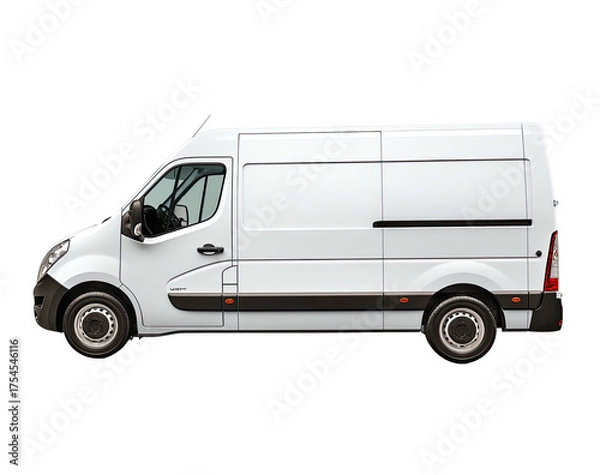 Fototapeta Side view of a white commercial van, isolated against a transparent background, showing details