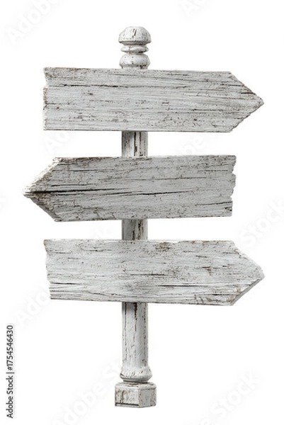 Fototapeta White, weathered wooden directional sign with three arrow-shaped planks pointing to the right