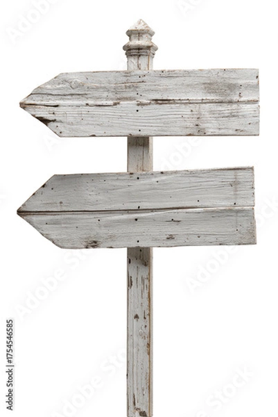 Fototapeta Two weathered, directional wooden signs with pointed arrows against a solid black background