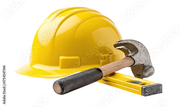 Fototapeta A yellow hard hat, a hammer, and a level lay on a black background, tools of the trade