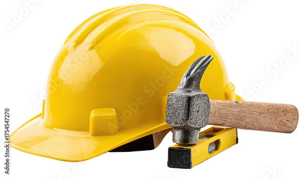 Fototapeta A yellow hard hat with a small hammer and a level resting next to it