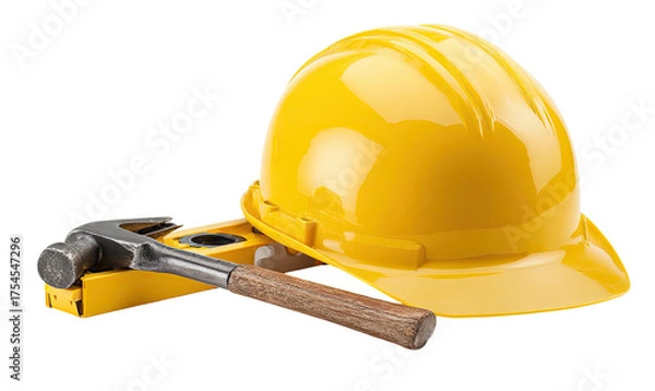 Fototapeta A yellow hard hat rests on a level and a hammer against a black background