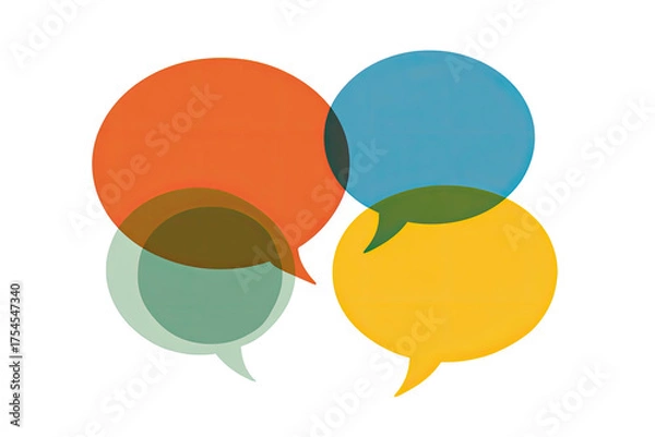 Fototapeta Four overlapping speech bubbles in vibrant colors on a black background