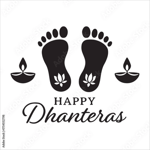 Fototapeta This image is a black and white graphic for Dhanteras. It features two prominent footprints, each adorned with a lotus flower, flanked by diyas (oil lamps). Below the feet, the text "HAPPY Dhanteras" 