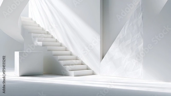 Fototapeta Modern minimalist staircase architectural design with bright sunlight and shadows
