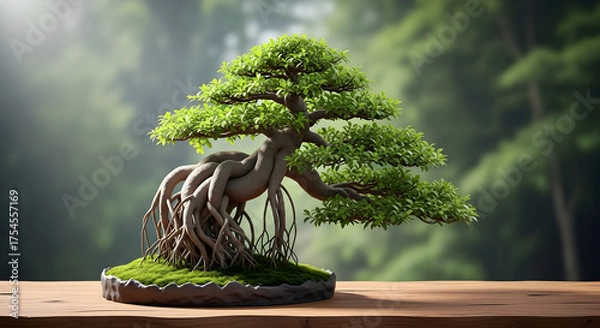 Obraz Exquisite Bonsai Tree with Exposed Roots and Lush Green Foliage.
