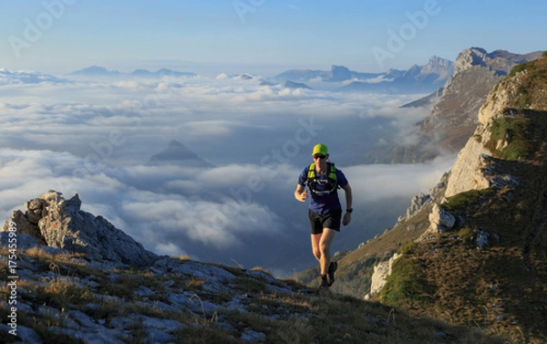 Fototapeta Athlete trailrunning in the mountains on a beautiful morning in the Vercors, France.