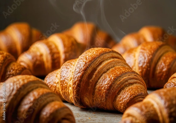 Fototapeta Stunning High-Quality Close-up of Delicious Croissants, Fresh from the Oven, Steaming Warm, with Beautiful Selective Focus, Professional Food Photography